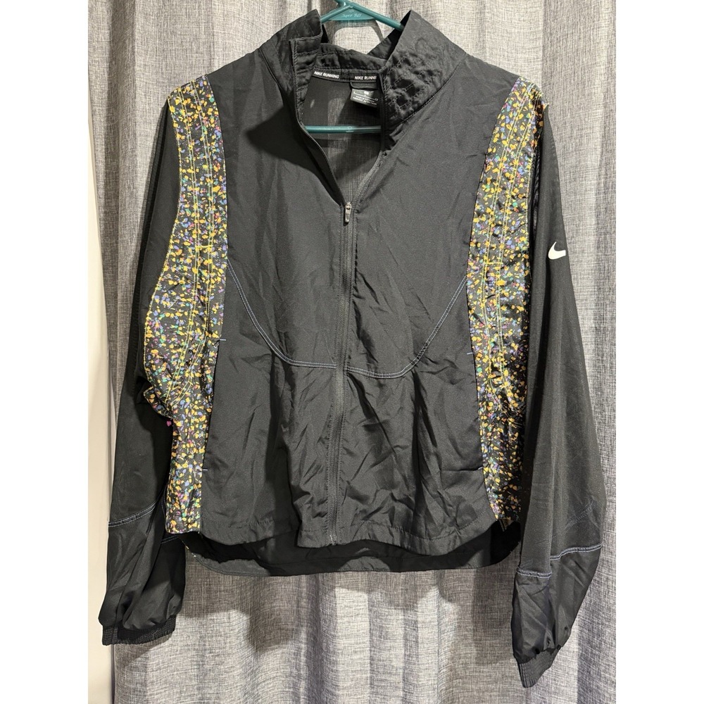 Nike Running Womens S Zip Adj Jacket Sheer Sleeve/Back Packable Black Floral EUC